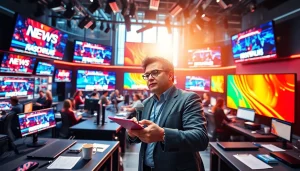 Capture the essence of journalism at regionalmedianews.com with a focused reporter in a busy newsroom.