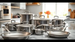 Showcase of stainless steel cookware NZ highlighting elegant pots and pans in a modern kitchen.