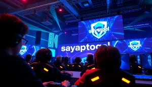 Menampilkan pemain kompetitif yang terlibat dalam sayaptogel di arena permainan yang energik.