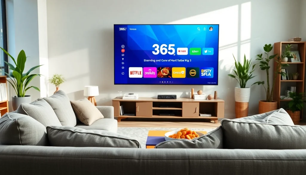 365티비주소를 시청하는 모던한 거실과 편안한 소파의 이미지를 보여줍니다.