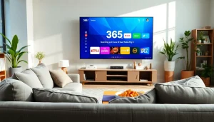 365티비주소를 시청하는 모던한 거실과 편안한 소파의 이미지를 보여줍니다.