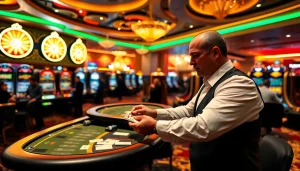 Menampilkan suasana kasinojitu yang ramai dengan para pemain dan permainan yang menarik.