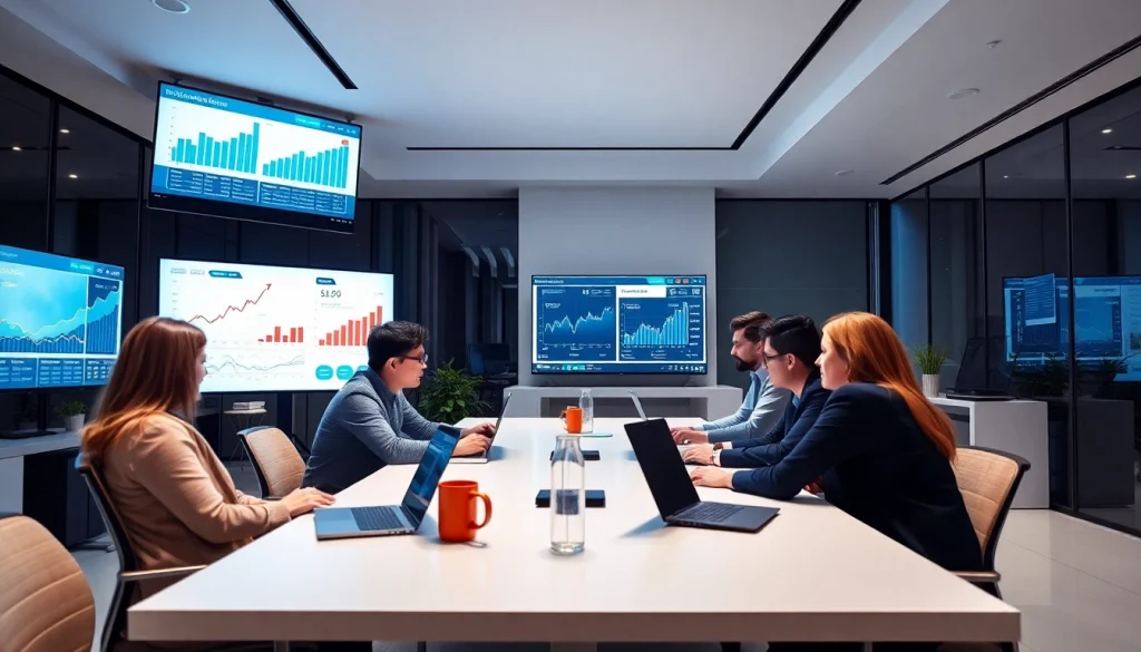 Engaging SEO company team analyzing data and strategies in a modern office setting.