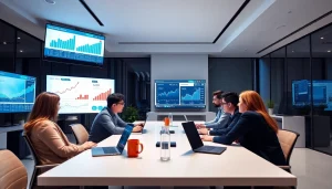 Engaging SEO company team analyzing data and strategies in a modern office setting.