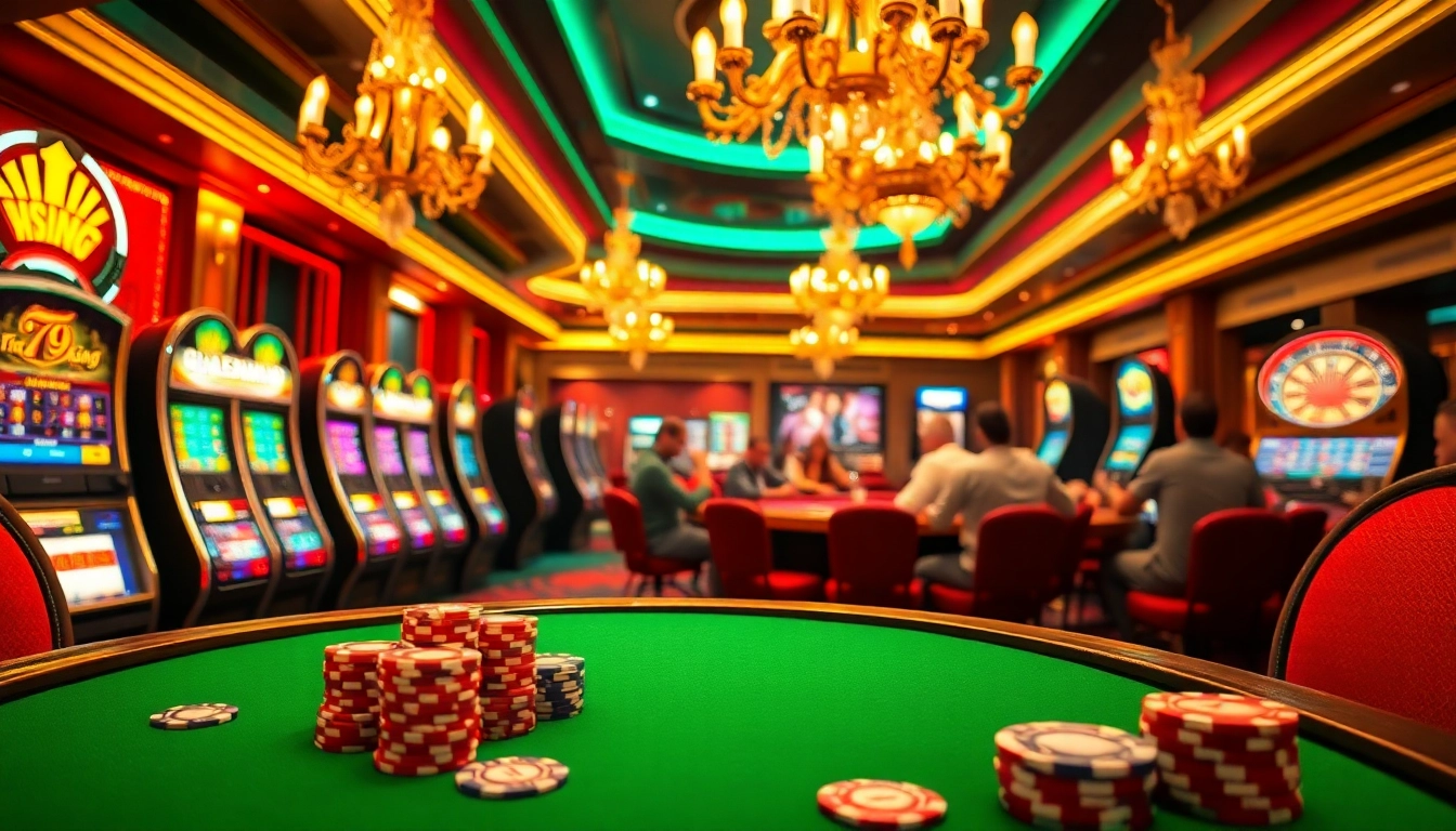 Experience the thrill of winning with 79king at a bustling poker table adorned with colorful chips.