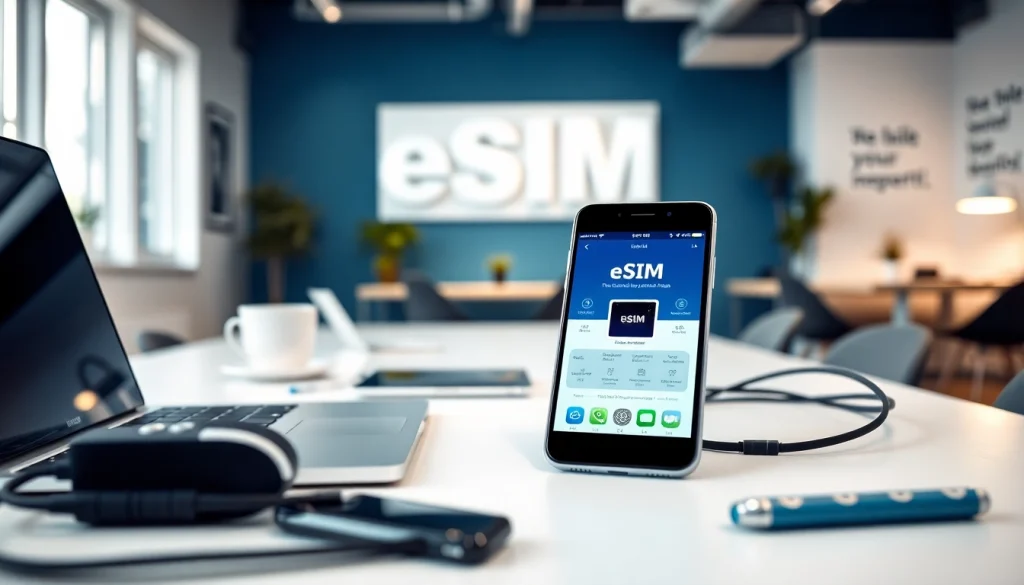 Set up eSIM on a smartphone as illustrated on https://esimfo.com, showcasing modern technology.
