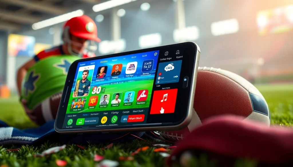 Experience the best sports betting apps in India showcased on a smartphone amid vibrant sports elements.