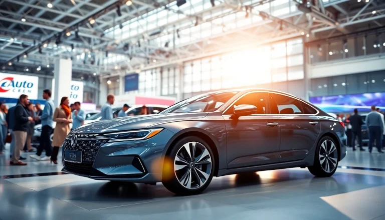 Engaged crowd at an Auto Cars Show admiring a modern vehicle display.