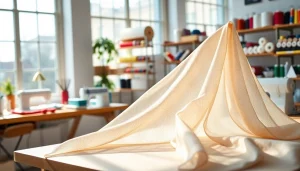 Verken de mousseline stof met zijn delicate textuur in een moderne naaiatelier.