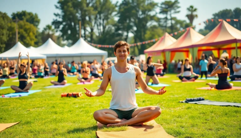 Participants practicing yoga at a vibrant yoga festival, showcasing community and wellness.