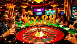 Experience the thrill of gambling at XX88 with a vibrant roulette scene featuring excited players.