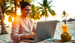 Travel blogger at a beach with a laptop, highlighting https://travelvixta.com adventure possibilities.