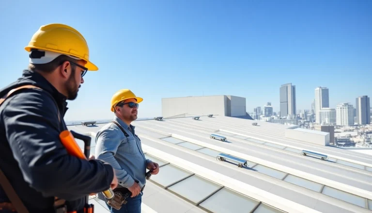Roofers conducting a professional inspection for commercial roofing services on a large building.
