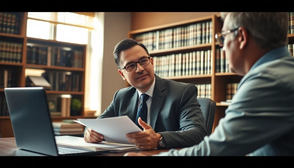 Engaged South Dakota truck accident lawyer consulting with a client in a warm office.