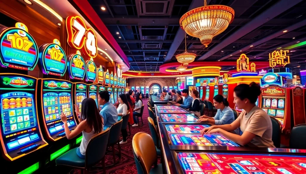 Experience the excitement of TV88 with vibrant gaming elements and players in a lively casino setting.