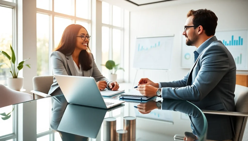 Financial advisor San Antonio guiding a client through investment plans in a bright office.