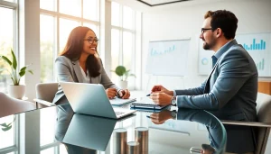 Financial advisor San Antonio guiding a client through investment plans in a bright office.