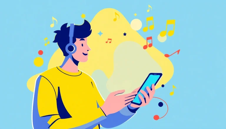 Discover MP3 download options on a smartphone with music notes surrounding the device.