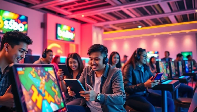 Bermain seru di bos88 dengan gamer dari berbagai latar belakang di ruang permainan modern.