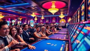 คาสิโนที่มีผู้เล่นหลากหลายกำลังเพลิดเพลินกับเกมและบรรยากาศที่มีชีวิตชีวา