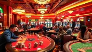 Kasinojitu memperlihatkan suasana kasinolar yang ramai dengan permainan slot dan meja judi.