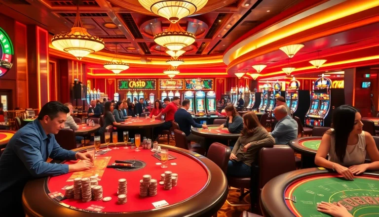 Kasinojitu memperlihatkan suasana kasinolar yang ramai dengan permainan slot dan meja judi.