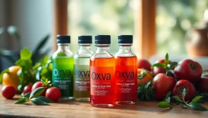 Oxva Liquid Bottles surrounded by fresh fruits, enhancing the vibrant flavor experience.