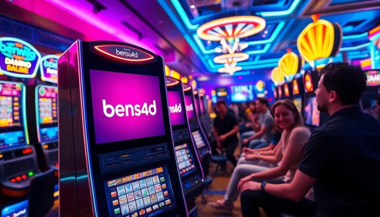 Menampilkan pengalaman bermain di bensu4d dengan suasana kasino yang energik dan mesin slot modern.
