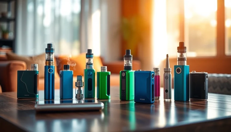 Vapes in stylish array on polished table, showcasing modern designs und elegant Farben.