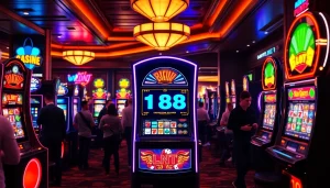 Menampilkan bro138 slot dengan pemain yang antusias di kasino yang mewah.