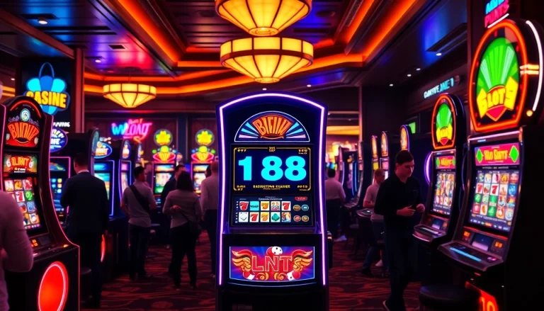 Menampilkan bro138 slot dengan pemain yang antusias di kasino yang mewah.