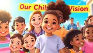 Children celebrating Our Children's Vision during a joyful vision screening event outdoors.