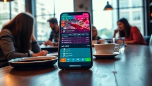 Showcasing the best sports betting apps in India, a smartphone displays vibrant betting options in a cozy café.