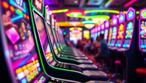 Menggambarkan lipat4d slot dalam suasana kasino yang meriah dengan slot yang berwarna-warni.