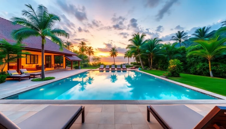 Villa management phuket services enhancing a luxurious villa experience with stunning landscaping and inviting ambiance.