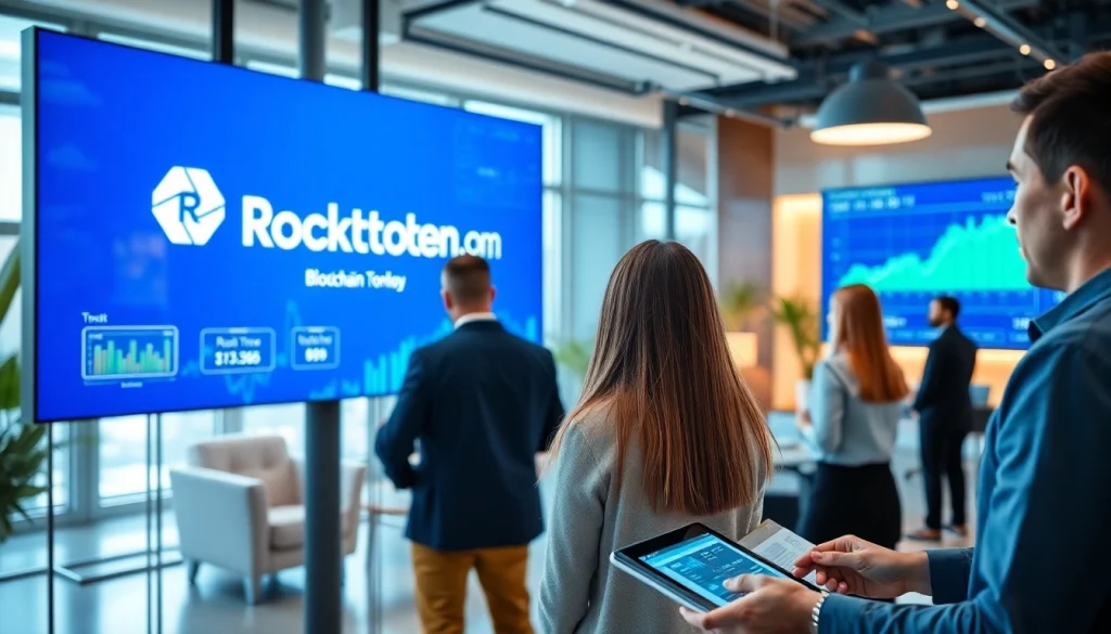 Engaging presentation of Rocktoken.com showcasing blockchain technology in a modern office.