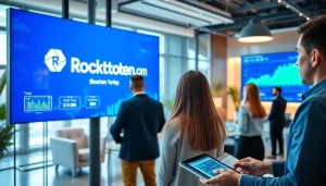 Engaging presentation of Rocktoken.com showcasing blockchain technology in a modern office.