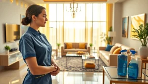 Find a maid in Abu Dhabi arranging a stylish living room with dedication and care.