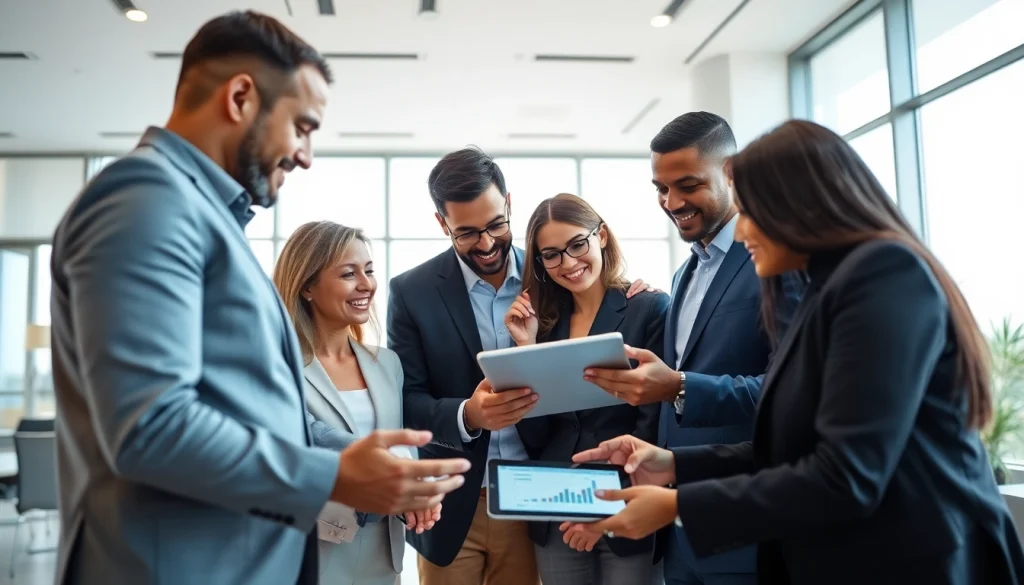Engaged team of Quickplus Business Consultants strategizing in a modern office setting.