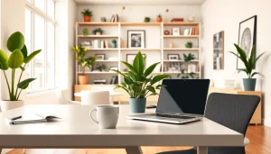 Showcasing a JBO rental office equipped with modern furniture and natural lighting.