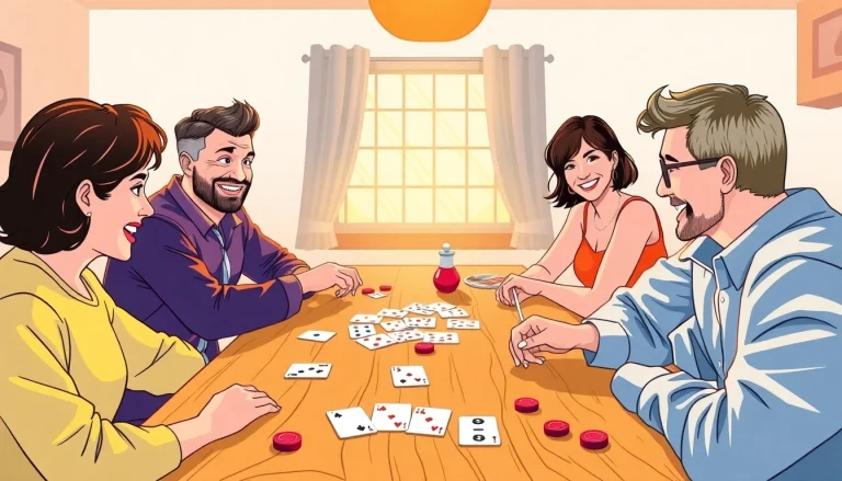 Rummy nabob players enjoying a thrilling game, showcasing vibrant cards and chips in action.