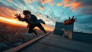 Protagonist leaps from rooftop in an action thriller scene, showcasing suspense and adrenaline.