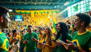 Cheering fans discussing best sports betting sites for Brazil in a vibrant stadium.