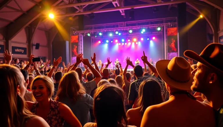 Experience the energy of live country music at https://mycountry955.com with an enthusiastic crowd enjoying a concert.