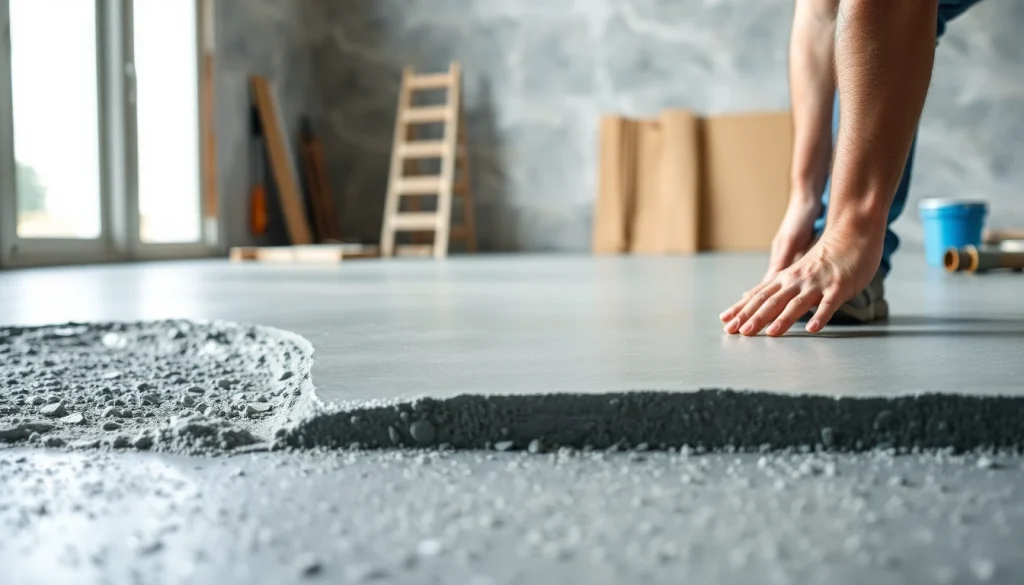 Concrete Leveling process with a contractor expertly smoothing the surface in a professional setting.