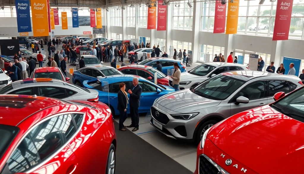 Engaging scene from an Auto Cars Show with modern vehicles and enthusiastic attendees interacting.