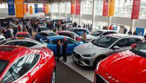 Engaging scene from an Auto Cars Show with modern vehicles and enthusiastic attendees interacting.