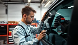 Technician performing side window replacement Colorado with precision and care in a bright garage.