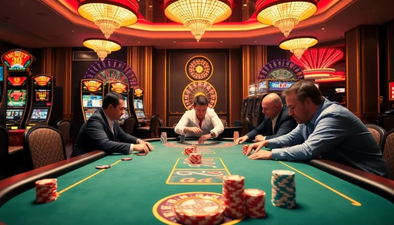 A vibrant casino scene showcasing poker players at KJC AC 1, surrounded by slot machines and poker chips.