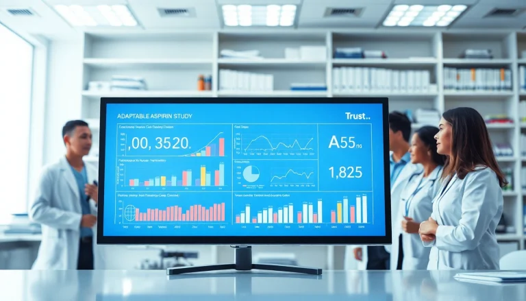 Illustration showcasing the research team engaged in the ADAPTABLE Aspirin Study, emphasizing collaboration and data analysis.